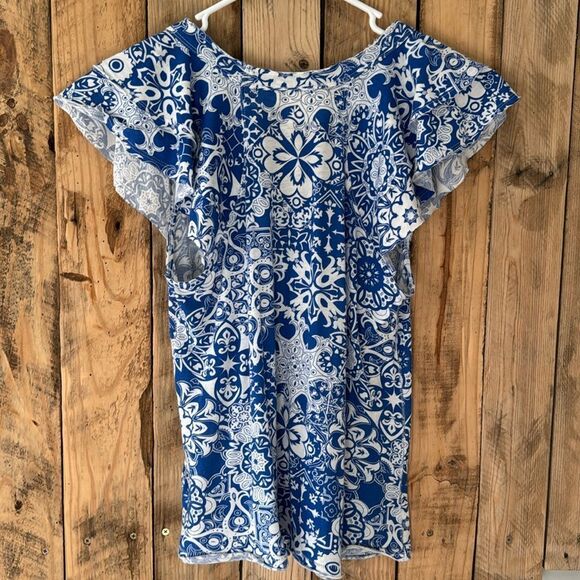 Maeve Anthropologie Sz XS Catie Ruffle-Sleeved‎ Tee Blouse Top Blue Motif Boho - Picture 5 of 14